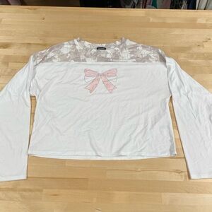 White Long Sleeve Top with Pink Bow